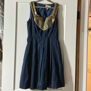 Moulinette Soeurs for Anthropologie navy party dress with beading embellishment